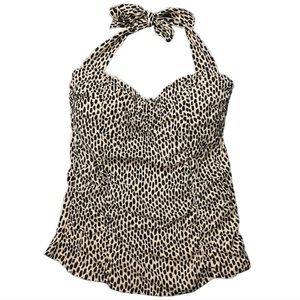 Lands End Cheetah Sweetheart Neck Ruched Halter Tankini Top SZ 6